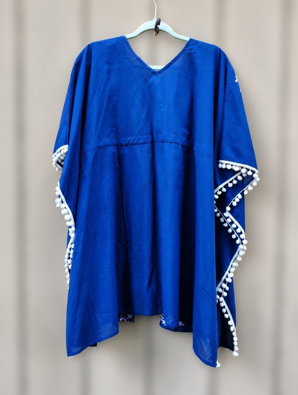 Debbie Katz Embroidered Cotton Swim Cover Up Small Blue White Pom Pom Tassel Tie - Picture 5 of 8